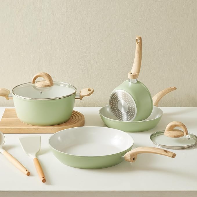 Green Non Stick Pots and Pans Set, Healthy Ceramic Cookware Set, 12pcs Kitchen Cooking Pots and Frying Sauce Saute Pans Set, PFAS-Free with Kitchen Utensils and Lid, Avocado