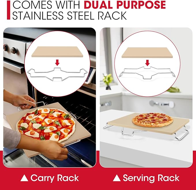 Unicook 12 Inch Square Pizza Stone for Oven and Grill, Oven Baking Stone for Bread, Cordierite Pizza Pan for Baking Crispy Bread, Pie and Cookies, Includes Carry Rack and Dough Scraper