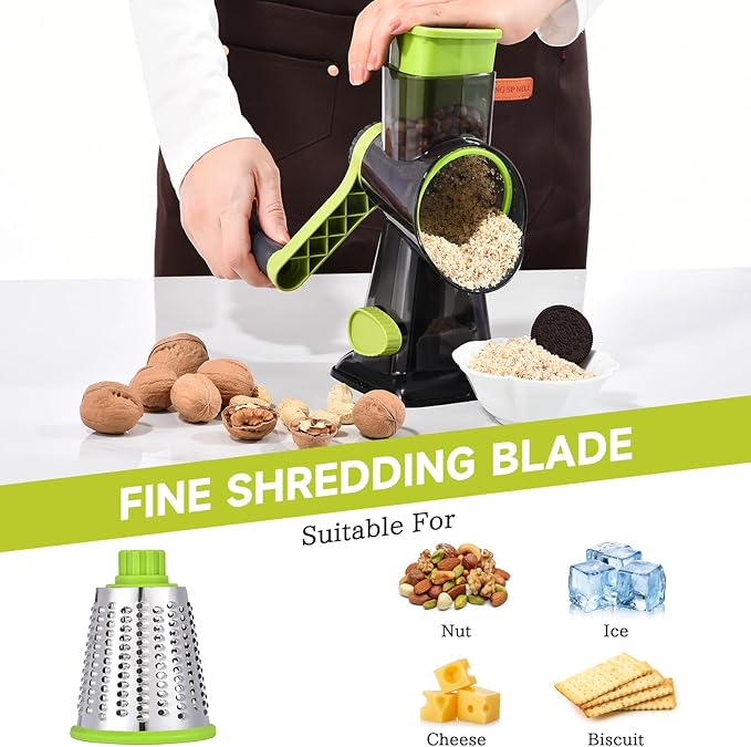 Rotary Cheese Grater with Handle Kitchen Shredder Slicer Grater Slicer Ice Shaver Cheese Vegetable Nuts Potato Zucchini Chocolate 3 Interchangeable Blades (blue)