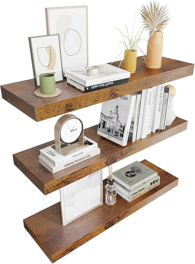 Colima 3-Pack Contemporary Wood Floating Shelves, 24 Inch, Wall-Mounted, 1.3 Inch Thick, 50 lb Capacity Each, Set of 3
