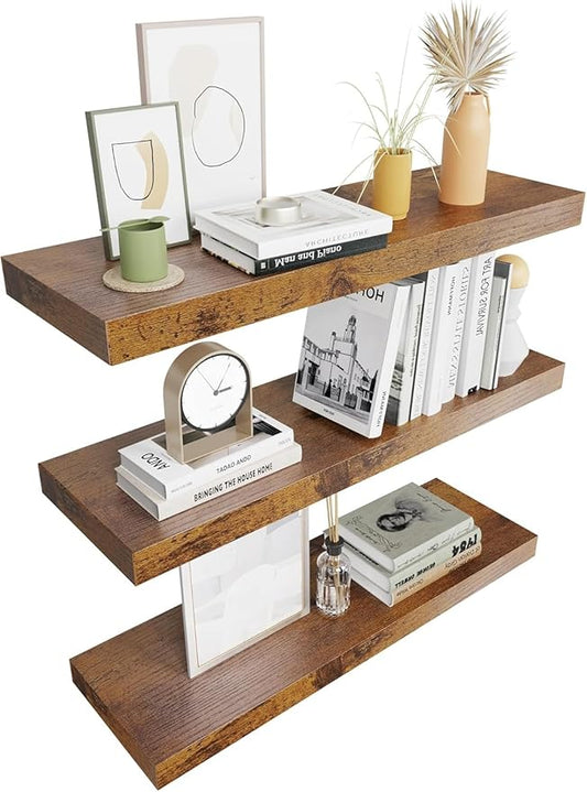 Colima 3-Pack Contemporary Wood Floating Shelves, 24 Inch, Wall-Mounted, 1.3 Inch Thick, 50 lb Capacity Each, Set of 3