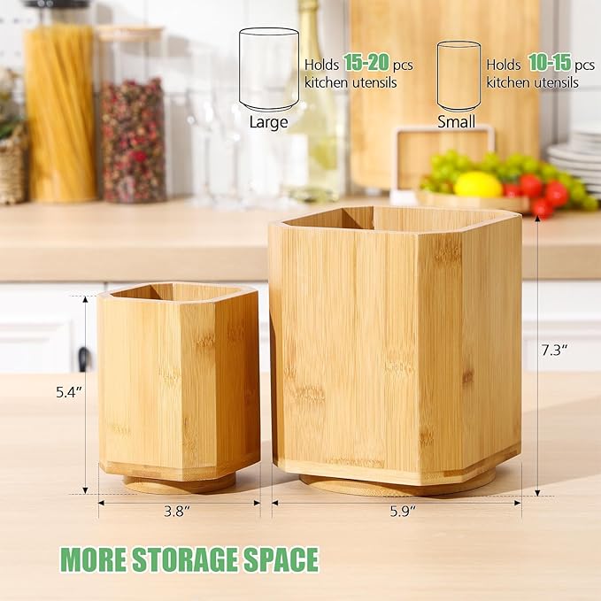 2 Pack Wooden Utensil Holder, 360°Rotating Kitchen Cooking Utensil Crock, Spoon Spatula Holder for Kitchen Counter, Farmhouse Countertop Organizer ()