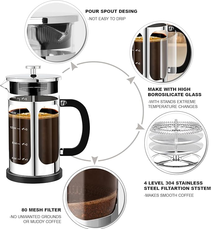 French Press Coffee Maker (21oz 600ML 3-4Cup) Coffee Press, with 4 Filters System, Heat Resistant Thickness Borosilicate Glass, Cold Brew Coffee Tea Pot Gifts (Silvery)
