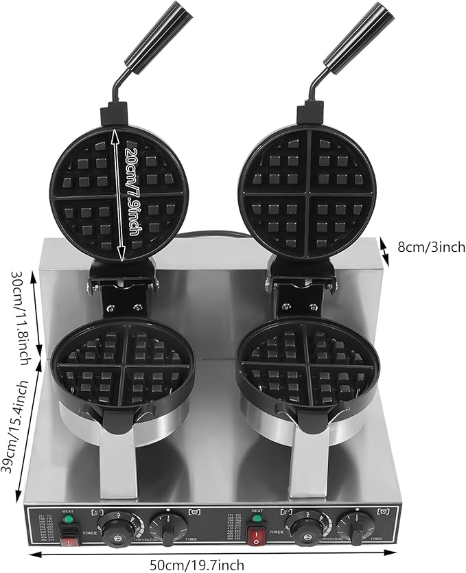 Commercial Waffle Maker,Double Head Waffle Maker Machine,2400W Non-Stick Stainless Steel Belgian Waffle Iron with Temp and Time Control for Restaurant