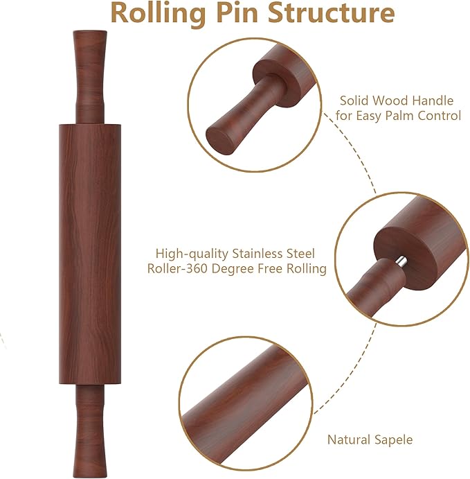 Classic Wooden Rolling Pin with Handle and Pastry Mat for Fondant, Pizza, Pies, Cookies,Rolling Pin for Baking with 3 Multi-Color Thickness Rings,17" x 2.5" (Include handle)