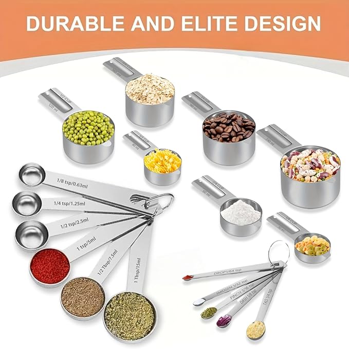 18PCS Measuring Cups and Spoons Set, Include 7 Nesting Measuring Cups, 6 Measuring Spoons and 5 Mini Spoons, Stainless Steel Metal Measuring Set, Kitchen Gadgets for Cooking & Baking