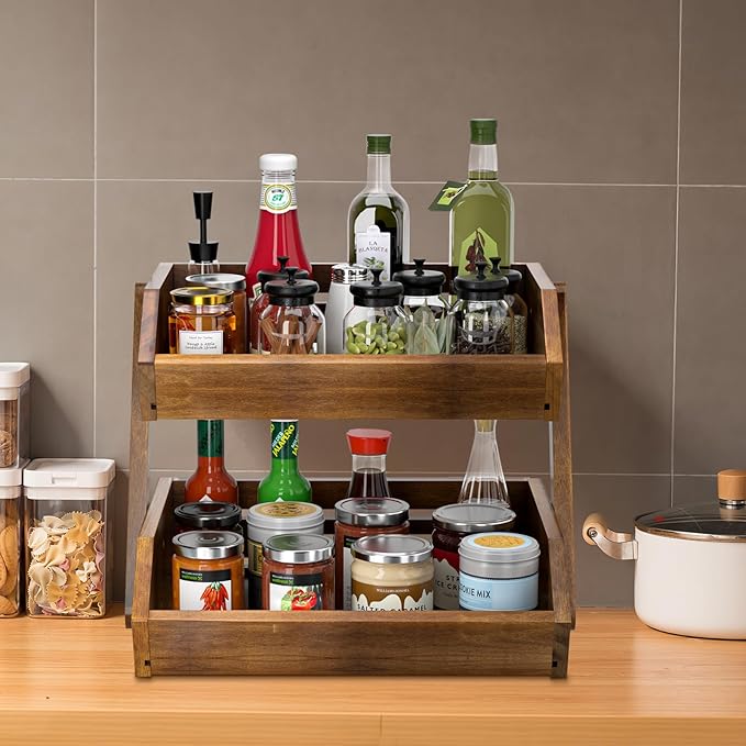 G.a HOMEFAVOR Fruit Basket: 2-Tier Acacia Wood Fruit Bowl for Kitchen, Fruit Stand Storage Holder for Vegetables and Snack Home Kitchen Countertop Organizer (Self-assembly)