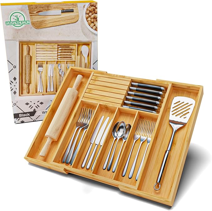 Silverware Organizer with Removable Knife Block - Bamboo Utensil Organizer for Kitchen Drawers Expandable Cutlery Organizer W12.8-20.2" x L16 x H2 (Yellow)
