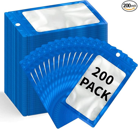 200 Pack Resealable Mylar Holographic Bags Food Storage Smell Proof Bags with Front Window Foil Packaging Pouch for Candy Sample Jewelry Small Business 3.54×6.29 Inch, Blue