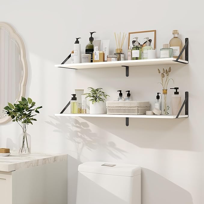 Heimlove White Deep Floating Shelves for Wall, 32W x 8D Wood Wall Shelves Set of 2, Wide Floating Bookshelf for Living Room, Kitchen, Office, Bedroom and Decor Storage, with Black Bracket - White