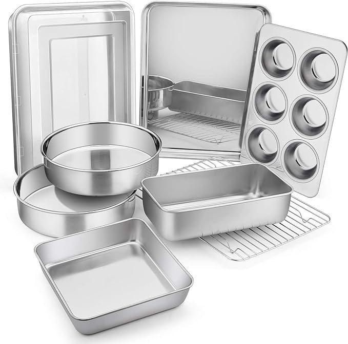 E-far Stainless Steel Baking Pan Set, 9-Piece Bakeware Sets for Cake Cookie Loaf Muffin, Include Round, Square, Rectangle Baking Sheet Pan with Lid & Cooling Rack, Dishwasher Safe