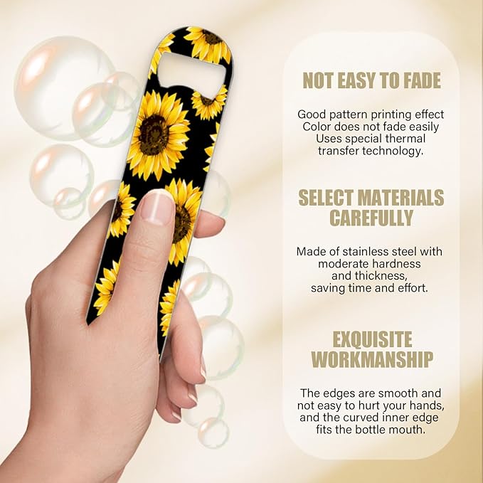 2 PACK Beer Bottle Opener, Stainless Steel Flat Bottle Openers,7 inch Metal Decor,Sunflowers On Black Background