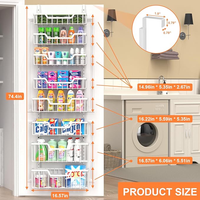 Over The Door Pantry Organizer, 8-Tier Pantry Door Organizer Shelves | 3 Sizes | Adjustable Basket | Metal Hanging Spice Rack for Kitchen, Pantry, Cabinet, Back of Door Seasoning Rack, White