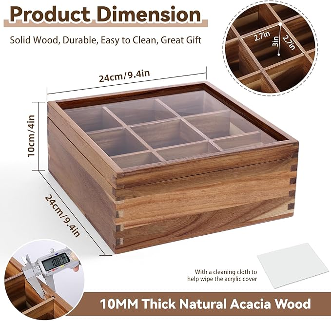 ANMINY Acacia Wood Tea Bag Organizer with Acrylic Clear Top, 10MM Thick Wooden Tea Storage Box with 9 Compartments, Teabag Holder Tea Caddy Chest for Countertop Kitchen Home Office