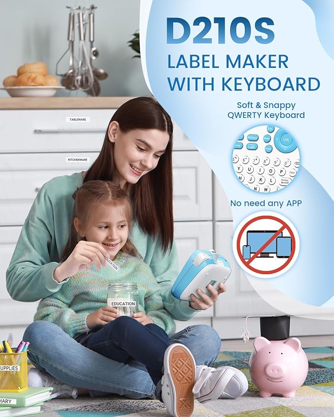 Label Maker Machine with Tapes, Label Maker Waterproof-Labels, Portable Label Makers Bundle 4 Label Tapes Included 12mm 0.47 Laminated White, D210S Handheld Labeling Machine for Home Office School