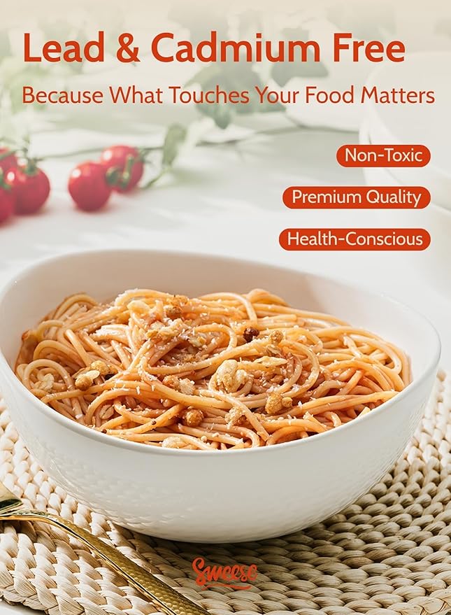 Sweese 8 Inch Porcelain 42 oz Serving Bowls Set of 4, for Salad | Soup | Snacks | Pasta - Microwave, Dishwasher, and Oven Safe - White