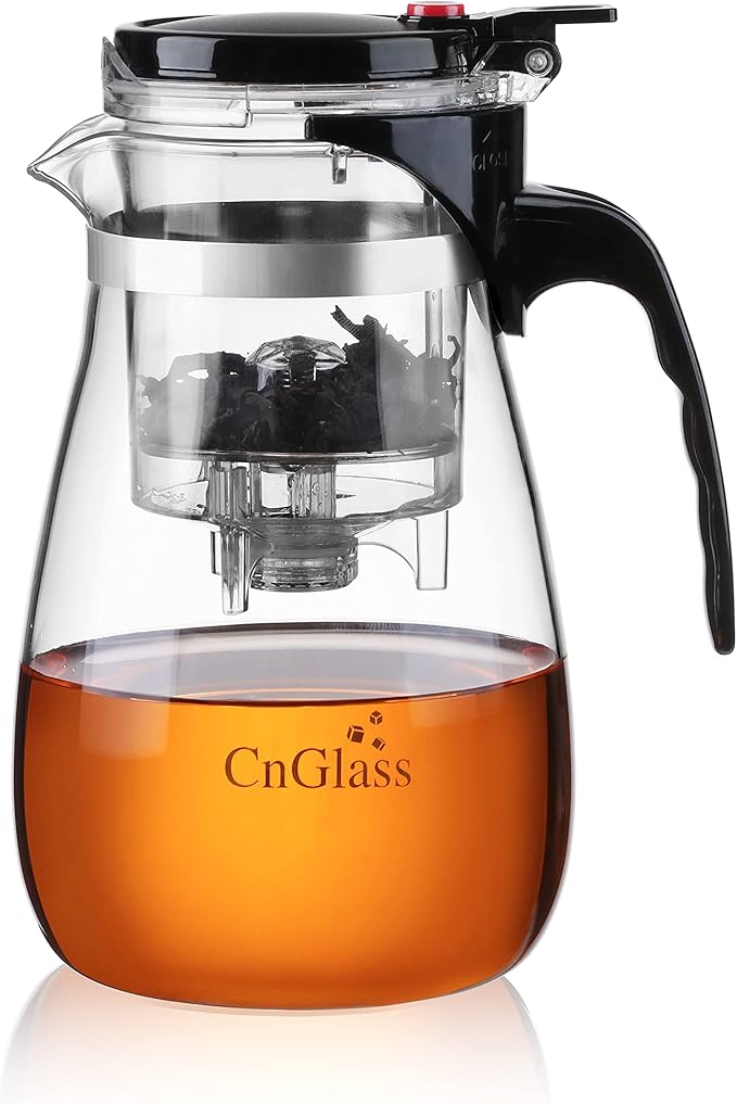 CNGLASS Glass Teapot with Removable Infuser,30.5oz Clear Tea Kettle with One Button Press to Filter the Tea Soup,Loose Leaf and Blooming Tea Maker