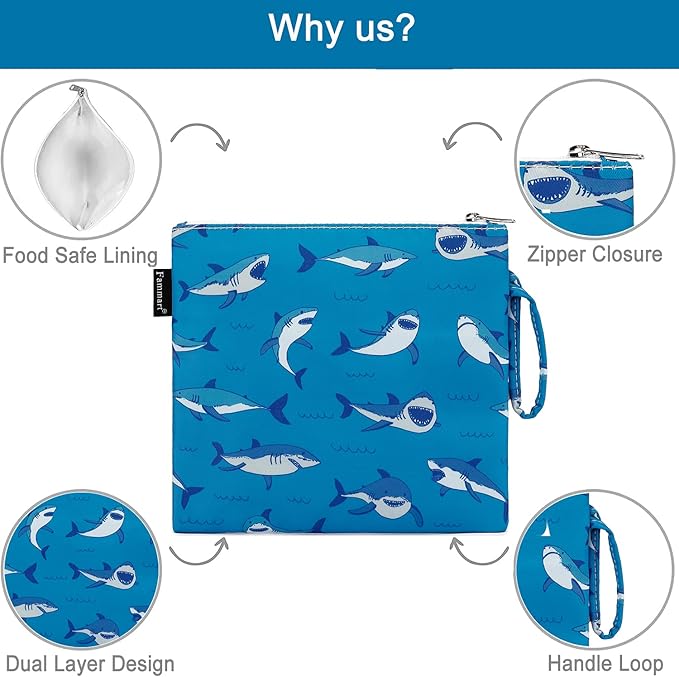 Reusable Sandwich Bag/Snack Bag for Kids & Adults, Dual Layer Lunch Bag with Handle, Cosmetic Bag Makeup Travel Bag for Women Girls, Washable, Food Safe, BPA Free (1-Pack, Shark)