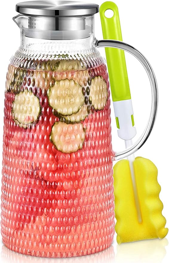 Aofmee 80oz Glass Pitcher with Lid, 2.4 Liter Water Pitcher, Glass Carafe for Cold or Hot Beverages, Sun Tea Jar, Easy Clean Heat Resistant Jug for Juice, Milk