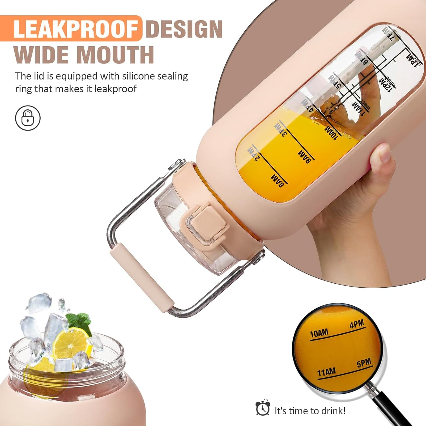 kytffu 64 oz Glass Water Bottle with Straw and Stainless Steel Handle, Half Gallon Water Bottle with Silicone Sleeve and Time Marker, 2L Large Glass Bottle for Gym, School, Travel, Leak-proof (Amber)