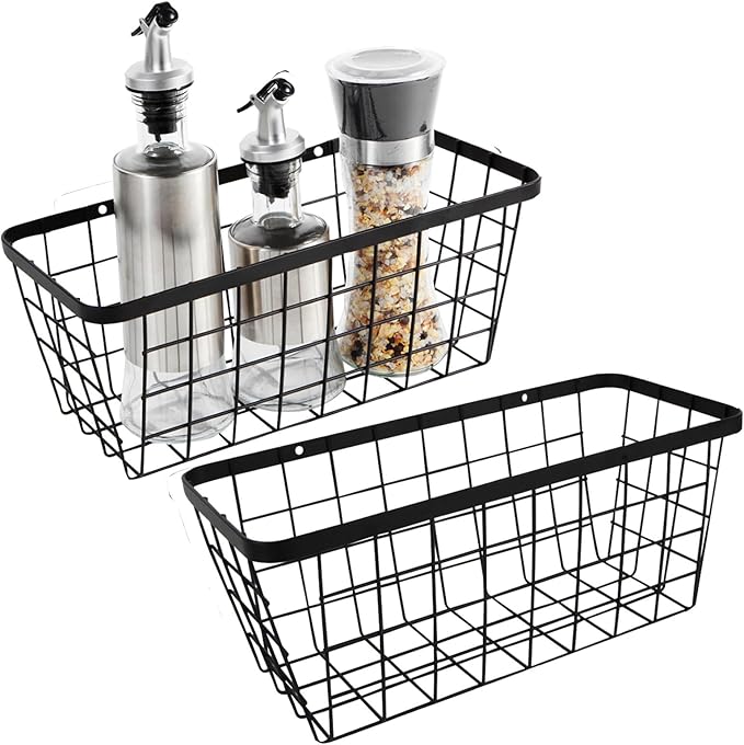 2 Pack Hanging Wall Basket Organizer Over the Cabinet Door Wire Baskets for Organizing -Space-Saving Hanging Baskets for Organizing Wall Mount Storage,No Drilling Adhesive Wall Storage Basket, Black