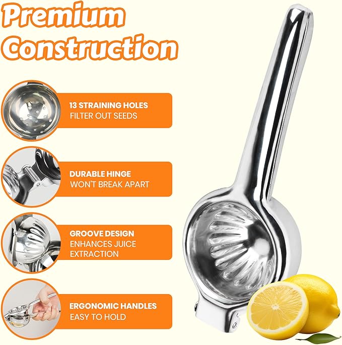 Stainless Steel Lemon Squeezer | Heavy Duty Handheld Juicer with X-Large Bowl | Premium Manual Citrus Press | Stainless Steel Lemon Lime Squeezer & Juicer Hand Press | Rust-Resistant, Dishwasher Safe