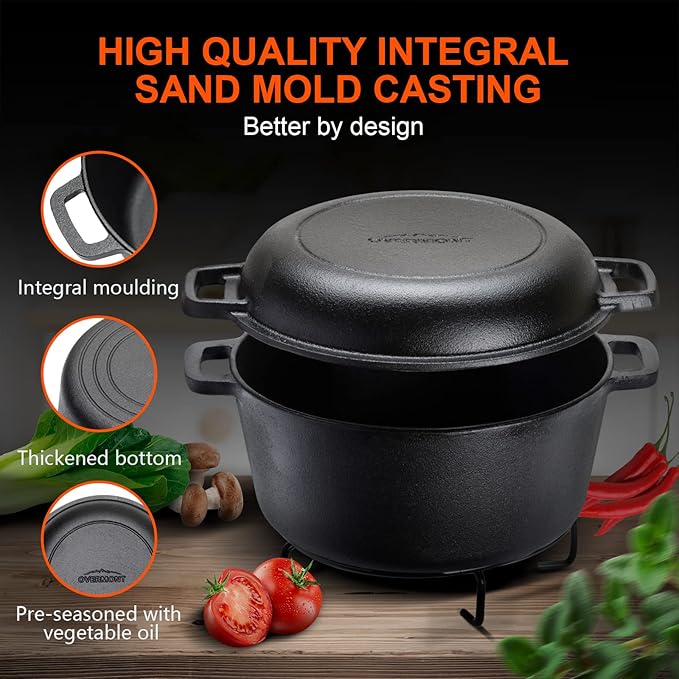 Overmont 2 in 1 Pre Seasoned Dutch Oven with Skillet Lid for Induction, Electric, Grill, Stovetop, BBQ, Camping (5 Quart)