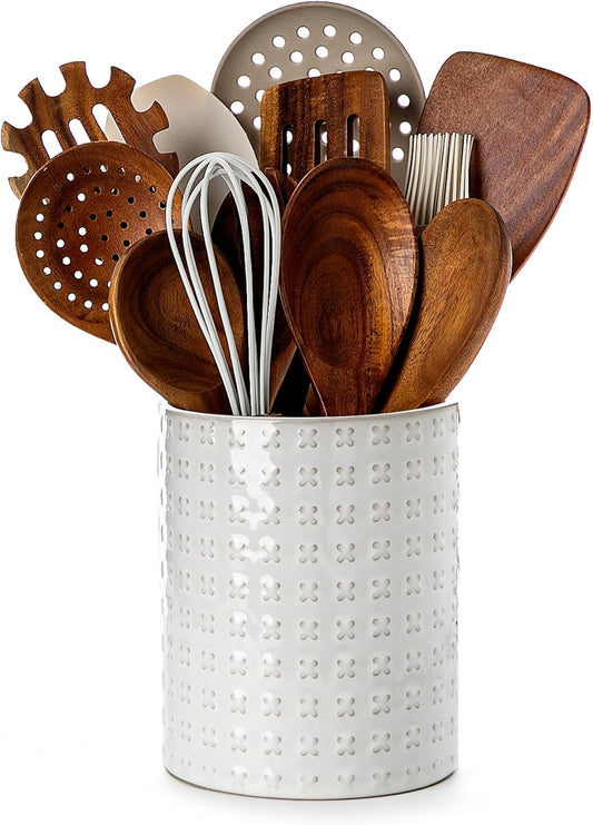 Nucookery 6.4'' Utensil Holder - Ceramic Utensil Holder for Kitchen Counter, Large Capacity Countertop Storage, Farmhouse Style Utensil Crock Organizer for Spoons, Spatulas & Cooking Tools