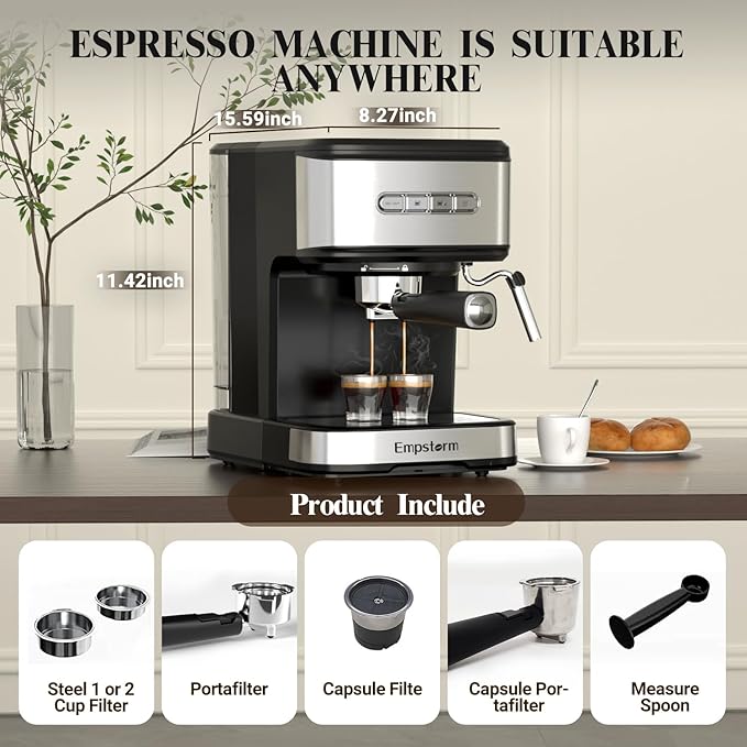 Espresso Machine 20 Bar, 2 in 1 Espresso Maker with Milk Frother Steam Wand for Latte and Cappuccino, Powder and Capsule Portafilter, 50oz Removable Water Tank Coffee Machine for Home-Silver
