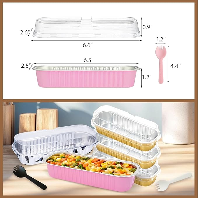 50 PCS Multiple colors Mini Loaf Pans with Lids and Spoons, 6.8oz Mini Cake Pans for Baking, Disposable Aluminum Foil Loaf Pans, Loaf Baking Pans for Party Individual Serving.
