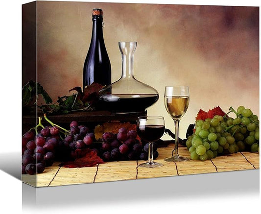 Looife Kitchen Still Life Canvas Wall Art, 18x12 Inch Vintage Wine Bottle with Grapes Picture Prints Wall Decor, Food Art Deco for Dining Room and Bar Wall Decoration