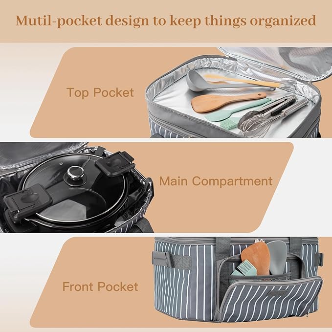 Fun Elements Double Layer Slow Cooker Carrier Bag for 6-8 Quart Oval Crock-Pot, Insulated Crock Pot Travel Bag with Support Pad and Adjustable Straps, Top Zip Compartment and Front Pocket for Utensils