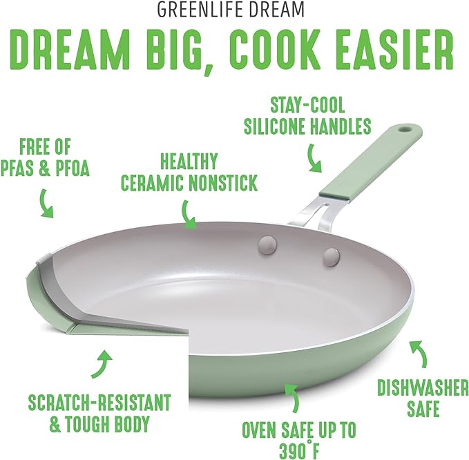 GreenLife 8” & 10” 2 Piece Nonstick Ceramic Frying Pan Set, Lightweight Healthy PFAS-Free Skillets, Dishwasher & Oven Safe, Durable Body, Silicone Stay-Cool Handles, Easy Release, Sage Green