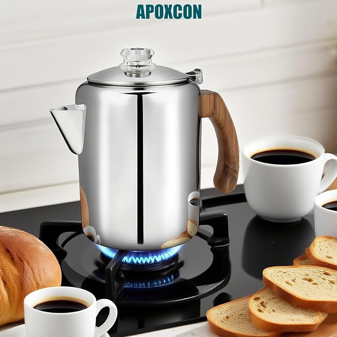 Coffee Percolator Pot Stainless Steel Coffee Maker with Tough Glass Knob & Fireproof Solid Wood Handle & Drip-Free Spout Camping Coffee Pot Using on any Stovetop NO Aluminum NO Plastic (8 Cup)