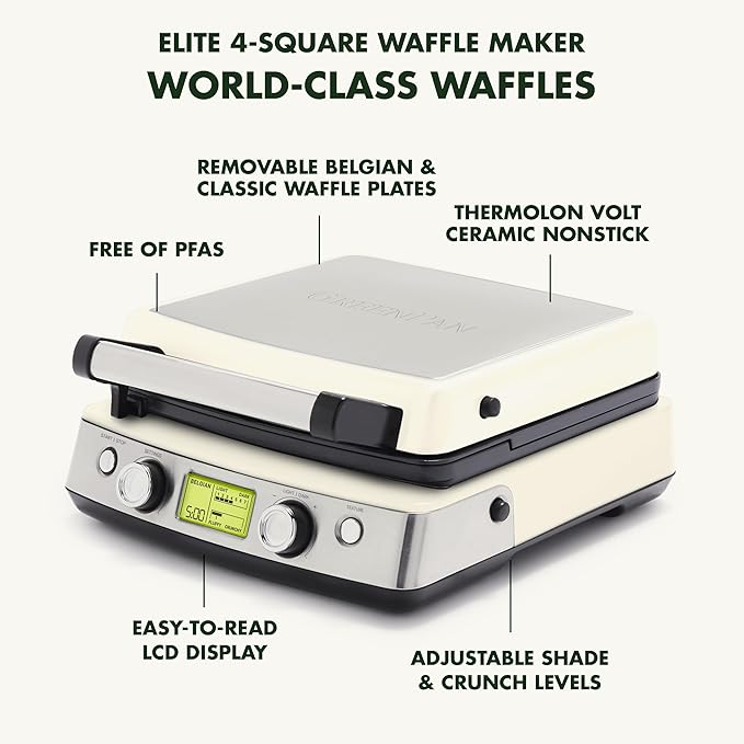 GreenPan Elite 4-Square Belgian & Classic Waffle Maker,Healthy Ceramic Nonstick Dishwasher Safe Plates, Adjustable Shade/Crunch Control, Wont Overflow, Easy Cleanup Breakfast, PFAS-Free, White