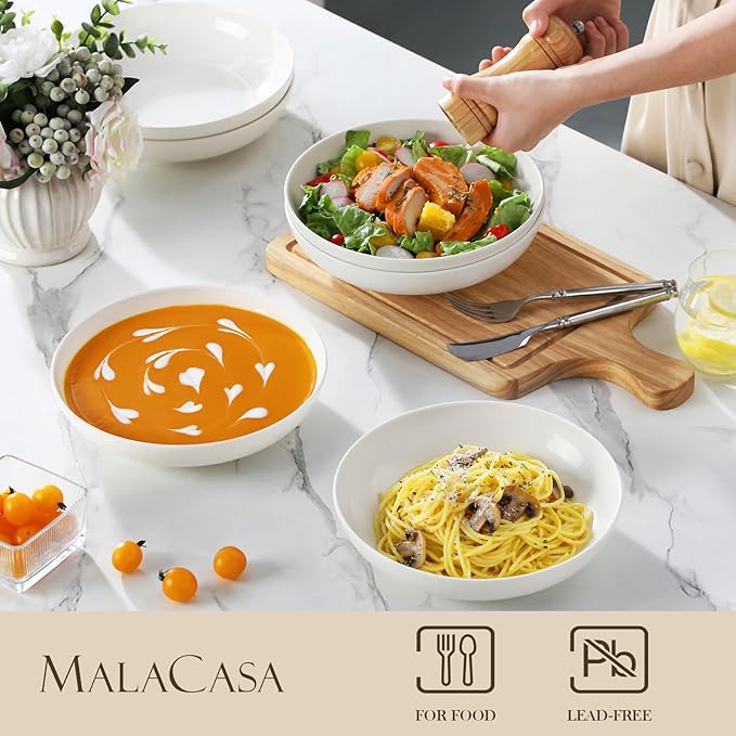 MALACASA 8.85" Large Pasta Bowls, 42 OZ White Salad Bowls Soup Bowls, Porcelain Serving Bowls Set of 6, Large Kitchen Bowl Plates Pasta Plates, Microwave & Dishwasher Safe, Series REGULAR