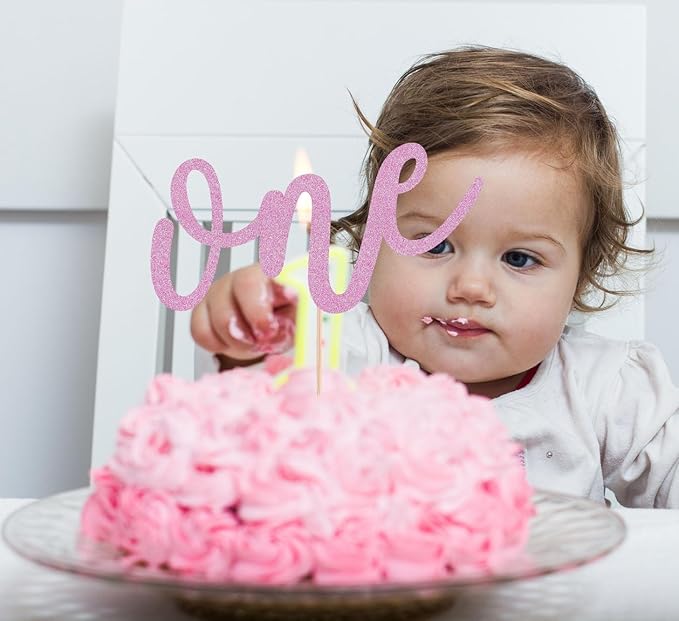 First Birthday Cake Topper - Pink Glitter One Cake Decorating Supplies for Girls and Boys, Perfect for Baby Shower/Gender Revealing Party/Baby Party Photo Booth Props