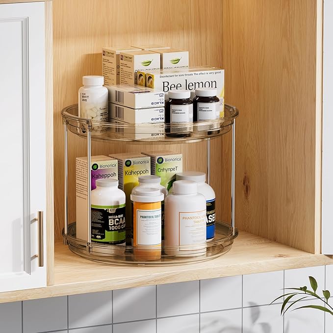 LAMU 2 Pack 2 Tier Lazy Susan Turntable Organizer 9.25'' Rotating Spice Rack Organization for Cabinet, Kitchen, Pantry, Countertop, Bathroom, Vanity, Medicine Cabinet Organizer, Amber