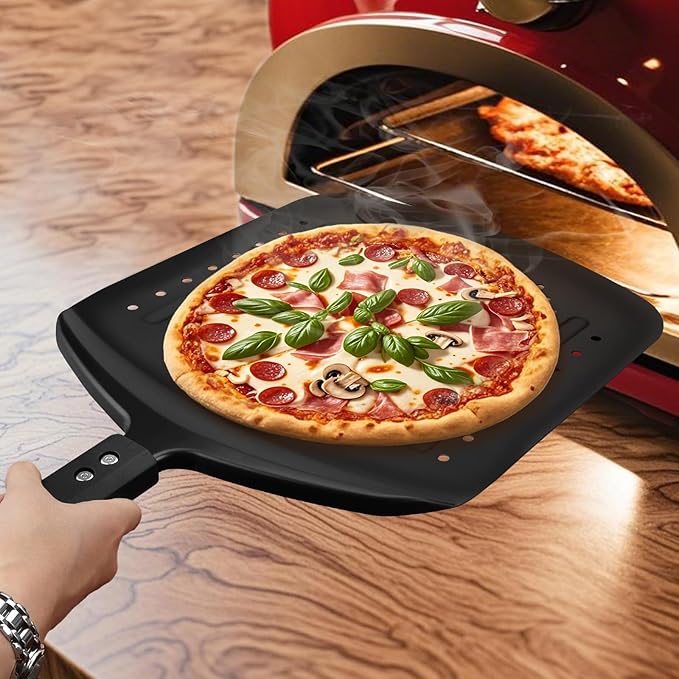 MANJIA Perforated Pizza Peel Aluminum 12 Inch Pizza Paddle Spatula Non-stick Metal Pizza Paddle with Rocker Cutter (12"x 14") Pizza Spatula Paddle Set for Family Homemade Baking Pizza Oven (black)