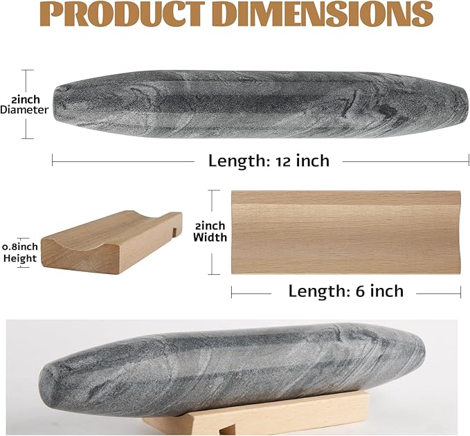 Koville African Natural Grey Marble French Rolling Pin, 12inch Non-Stick Rolling Pin for Baking, Dough Roller for Pasta, Dumpling, Fondant, Pie, Bread, Pizza, Kitchen Baking Tools