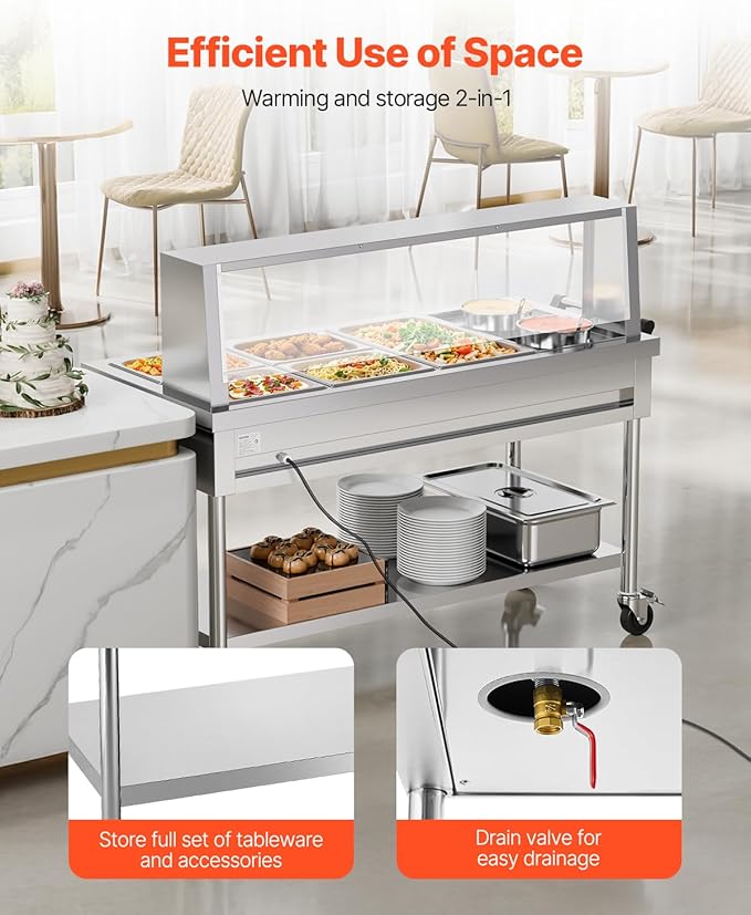 VEVOR Commercial Food Warmer, 5 Pans + 2 Pots Electric Steam Table, 1800W Professional Buffet Catering Food Warmer with Shield Undershelf Wheels, Stainless Steel Server for Party Restaurant Hotel