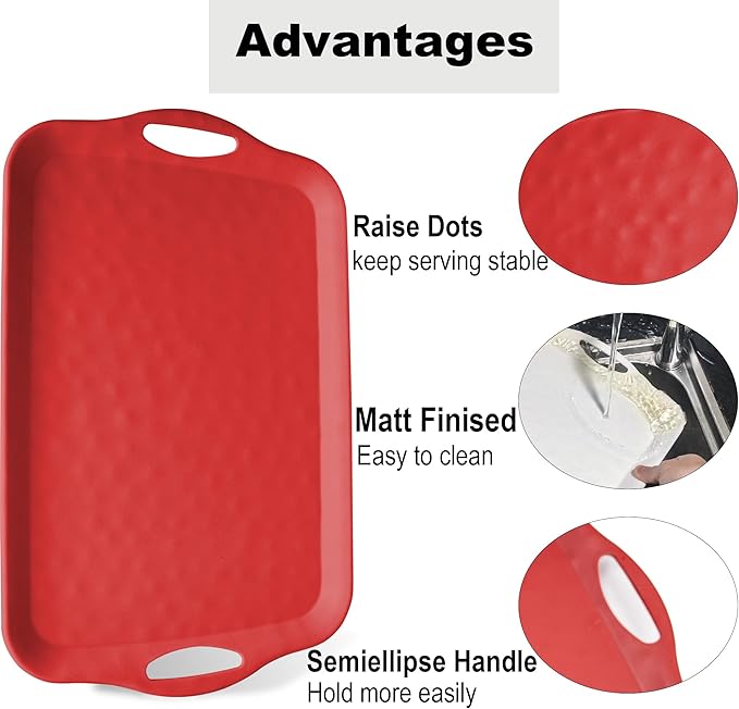Extra Large Serving Tray with Handles, 20x13 inch, Set of 2 Melamine Platters for Serving Food, Turkey, Cookie, Rectangular Trays for Eating, Raised Dots Matt Finished, Dishwasher Safe, Red