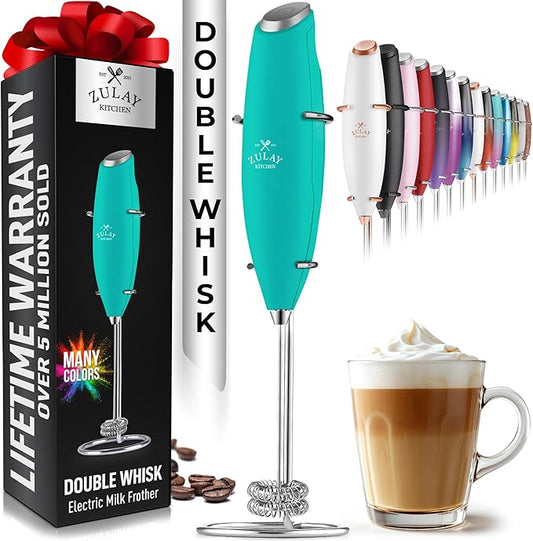 Zulay Kitchen Powerful Double Whisk Milk Frother Handheld - Foam Maker With Stand - Whisk Drink Mixer for Coffee, Mini Foamer for Latte, Matcha, Frappe, Hot Chocolate & Cappuccino (Caribbean Aqua)