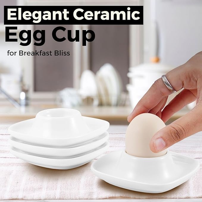Flexzion Soft Boiled Egg Holder Set - 4-Piece White Ceramic Egg Cup, Stackable Egg Coddler Cups with Base for Serving, Breakfast, Brunch - Kitchen Table Decor, White