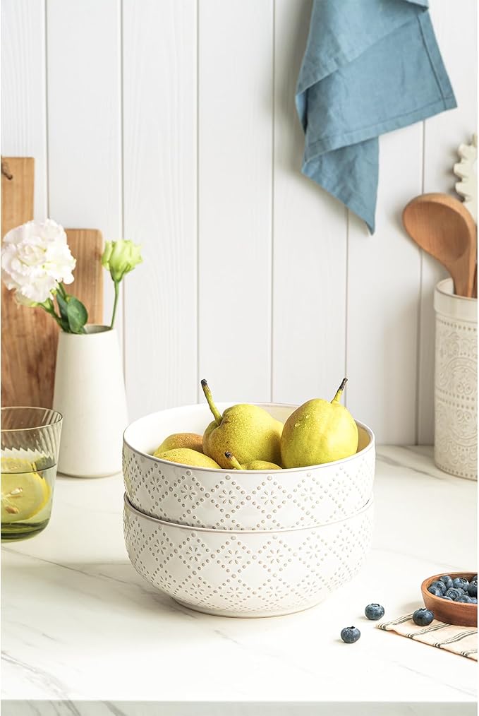 Large Serving Bowls, 8 inch 60 OZ Salad Bowls Set of 2, Ceramic Bowl Set for Salad，Ramen, Soup, Cereal and Entertaining, Farmhouse Decorative, Dishwasher & Microwave Safe, Off-White