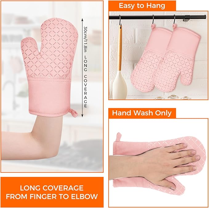 2 Pcs Oven Mitts for Kitchen Heat Resistant Oven Gloves, Soft Cotton Lining, Anti-Slip Silicone Stripe Oven Mitts Heat Resistant Oven Mits, Kitchen Mitt Pair Protect Hands, Cooking Baking Gloves Pink