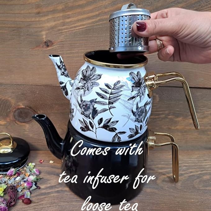Vintage Turkish Teapot Tea Pots Kettle Set for Stovetop Stove Top Decorative Infuser Party Cups Glasses Floral Unique Boiler Samovar Strainer Loose Leaf Kitchen Style Enamel Decor (White-Black)