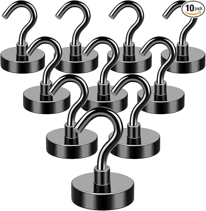 MIKEDE Magnetic Hooks, 40Lbs Strong Neodymium Black Magnet Hook for Hanging, Heavy Duty Magnetic Hooks Classroom Must Have, Magnet with Hooks for Home, Kitchen, Workplace, School - Pack of 10