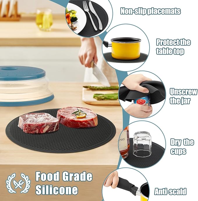 WENWELL Large Microwave Splatter Cover & Silicone Mat,12 Inchs Vented Collapsible Guard dish Plate lid & Round Kitchen mat for food