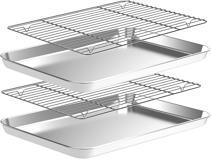 Baking Sheet with Wire Rack Set [2 Quarter Sheet Pans + 2 Wire Racks ], CEKEE Stainless Steel Cookie Sheets for Baking with Baking Rack, Non Toxic & Heavy Duty & Easy Clean, Size 12 x 10 x 1 Inch